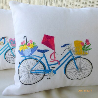Spring Pillow covers, Embroidered bicycle pillow, seasonal bike pillows, embroidered Accent pillows, bike pillows - image2